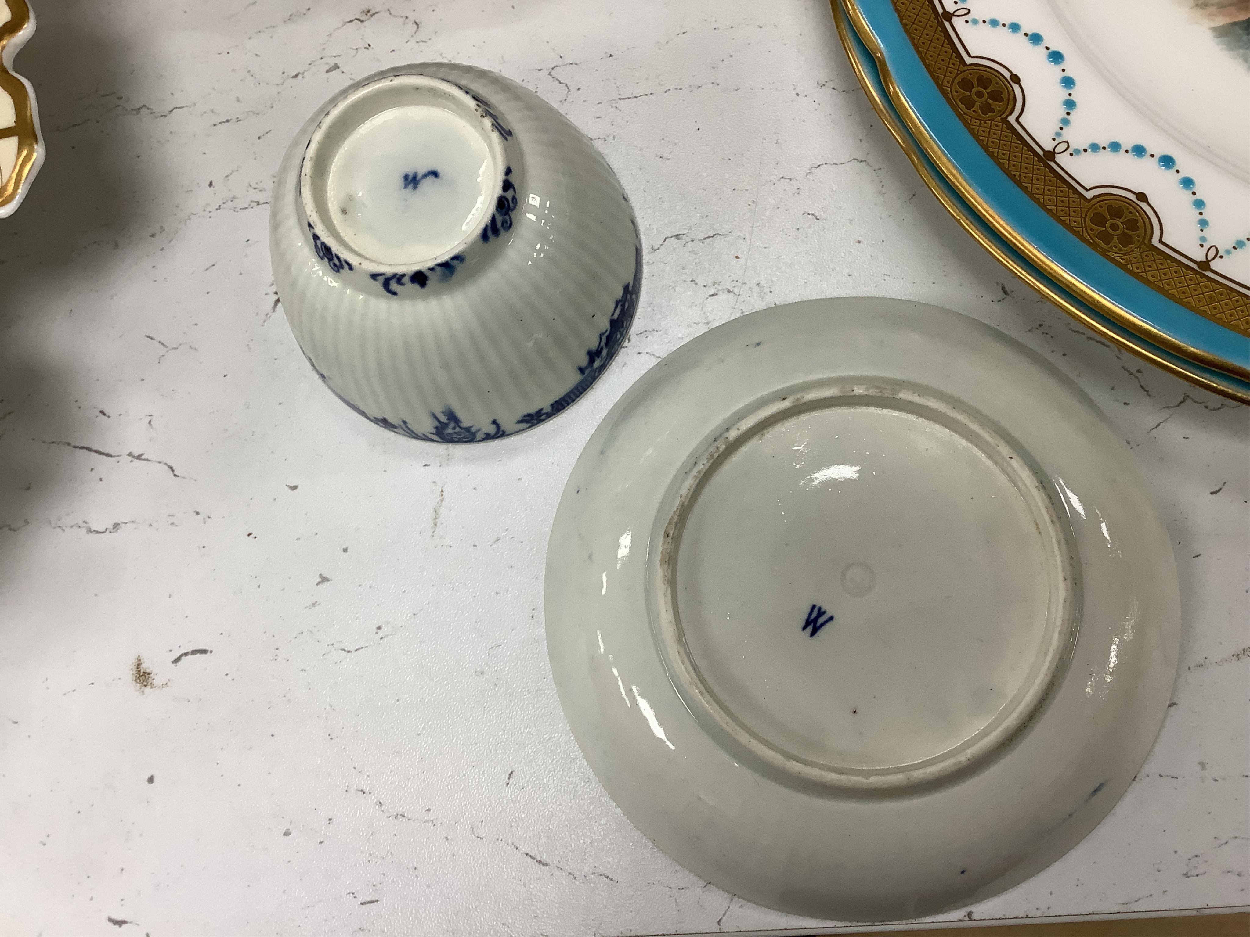 A collection of late 18th century Worcester, Caughley and Liverpool blue and white tea wares to include tea bowls and saucers, jug, suger basin and cover and two dishes etc, largest 23cm in diameter